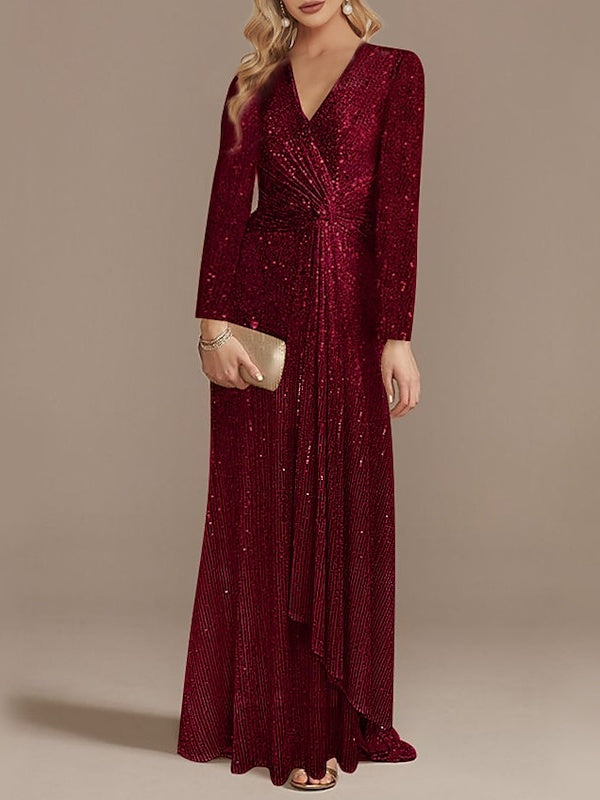 Sequined Floor-Length Party Dress with V-Neck and Long Sleeves