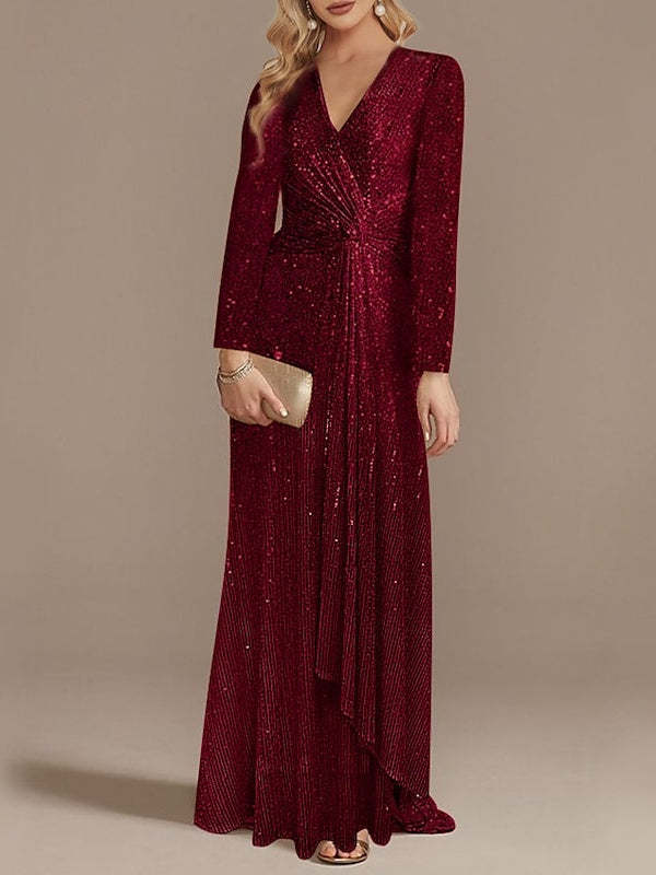 Sequined Floor-Length Party Dress with V-Neck and Long Sleeves