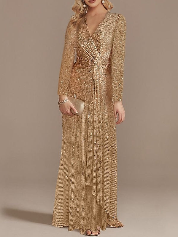 Sequined Floor-Length Party Dress with V-Neck and Long Sleeves