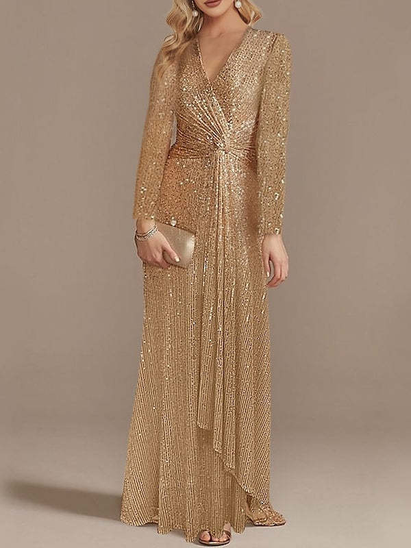 Sequined Floor-Length Party Dress with V-Neck and Long Sleeves