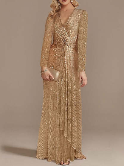 Sequined Floor-Length Party Dress with V-Neck and Long Sleeves