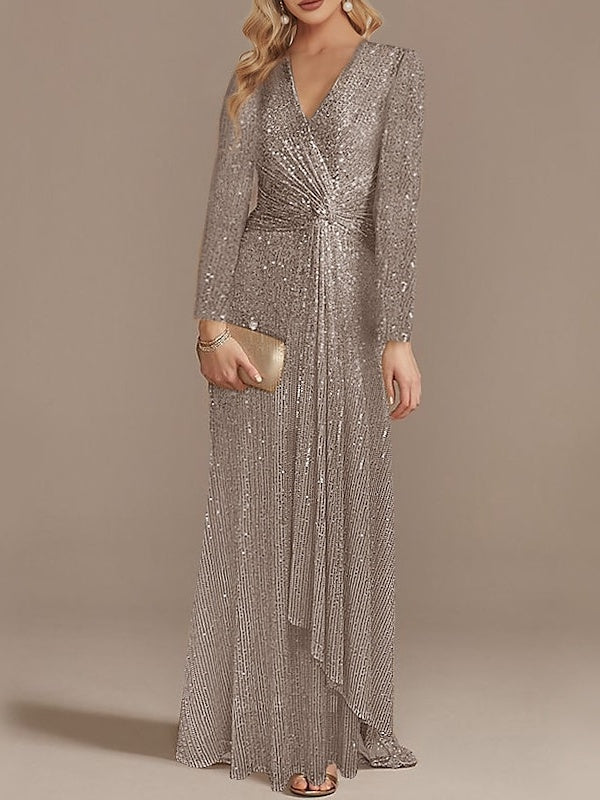 Sequined Floor-Length Party Dress with V-Neck and Long Sleeves