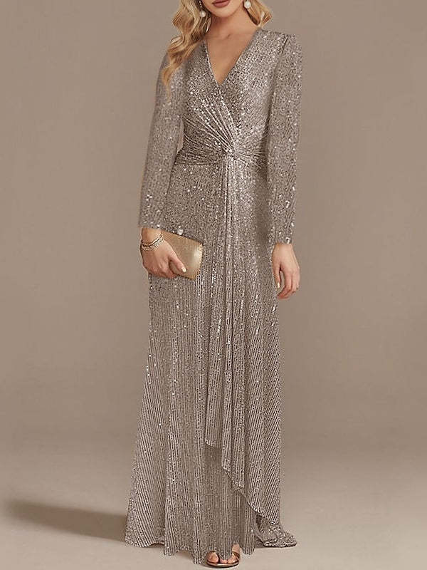 Sequined Floor-Length Party Dress with V-Neck and Long Sleeves