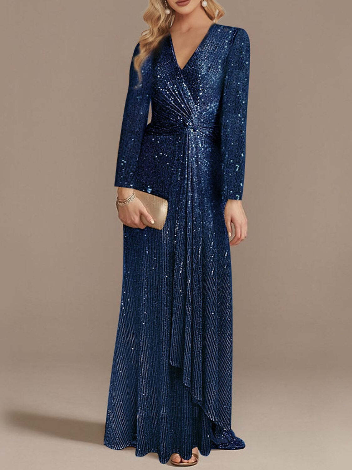 Sequined Floor-Length Party Dress with V-Neck and Long Sleeves