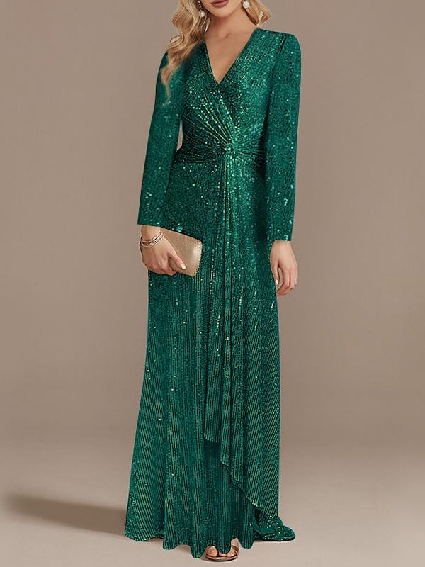 Sequined Floor-Length Party Dress with V-Neck and Long Sleeves