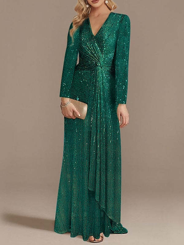 Sequined Floor-Length Party Dress with V-Neck and Long Sleeves