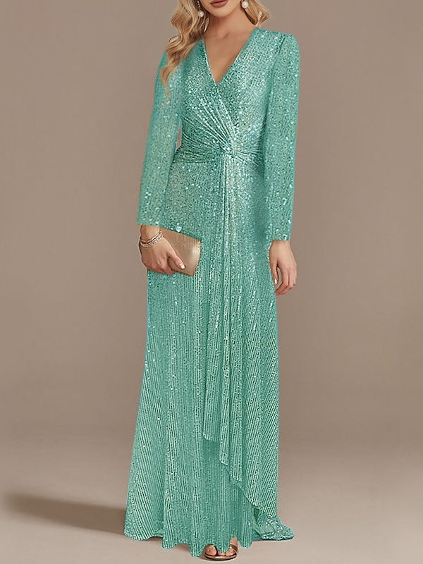 Sequined Floor-Length Party Dress with V-Neck and Long Sleeves