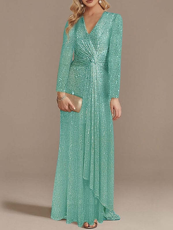 Sequined Floor-Length Party Dress with V-Neck and Long Sleeves