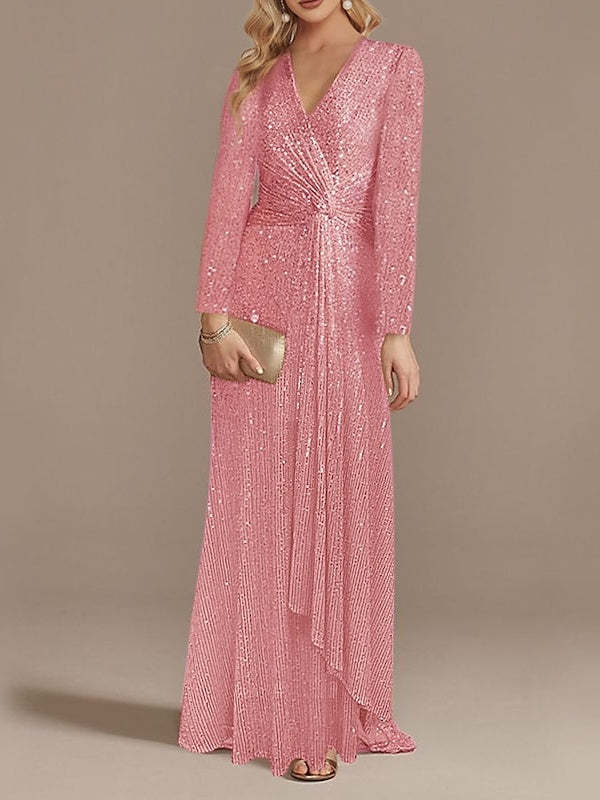 Sequined Floor-Length Party Dress with V-Neck and Long Sleeves