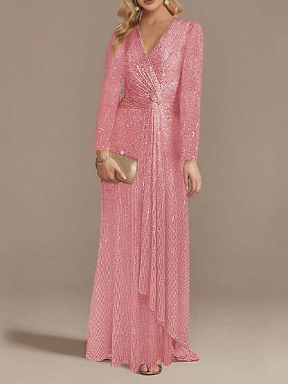 Sequined Floor-Length Party Dress with V-Neck and Long Sleeves