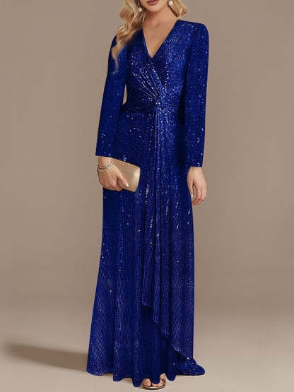 Sequined Floor-Length Party Dress with V-Neck and Long Sleeves