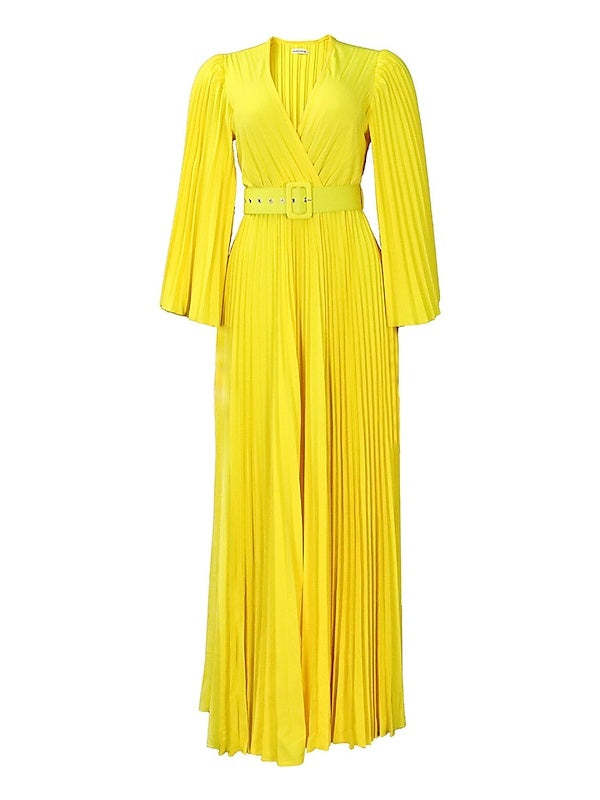 V-Neck A-Line Princess Floor-Length Cocktail Dress with 3/4 Sleeves and Pleats
