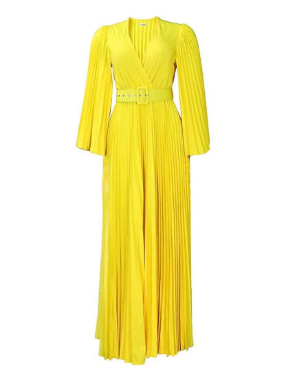 V-Neck A-Line Princess Floor-Length Cocktail Dress with 3/4 Sleeves and Pleats