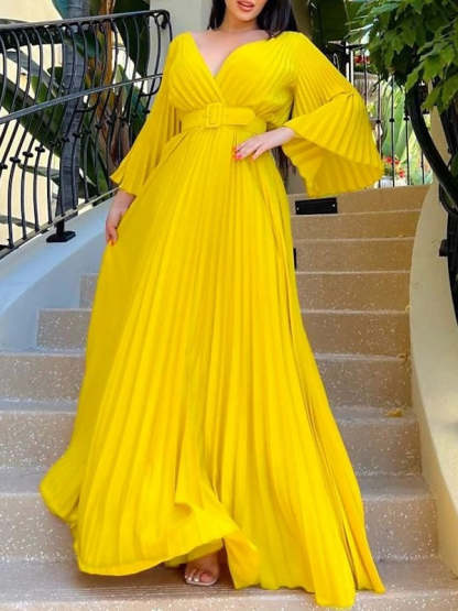 V-Neck A-Line Princess Floor-Length Cocktail Dress with 3/4 Sleeves and Pleats