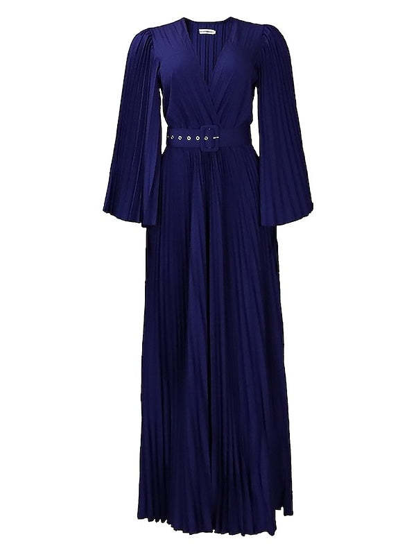 V-Neck A-Line Princess Floor-Length Cocktail Dress with 3/4 Sleeves and Pleats