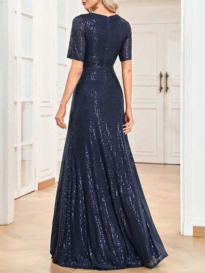 V-Neck A-Line Princess Short-Sleeve Floor-Length Sequin Cocktail Party Dress
