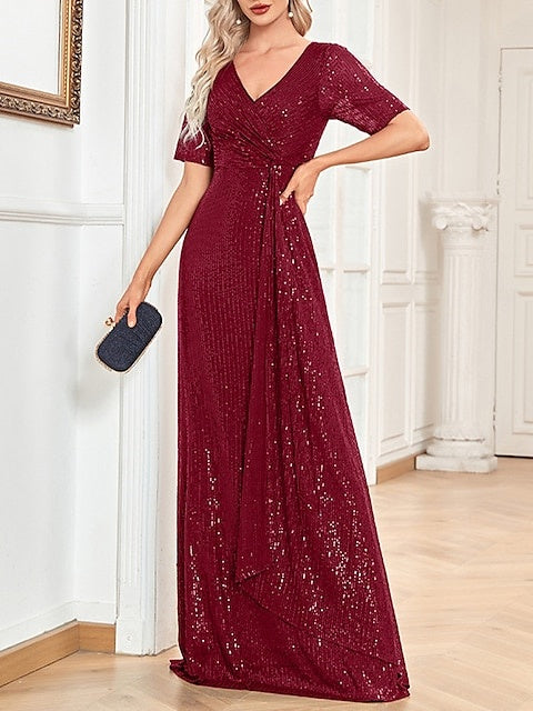 V-Neck A-Line Princess Short-Sleeve Floor-Length Sequin Cocktail Party Dress