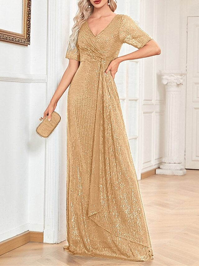 V-Neck A-Line Princess Short-Sleeve Floor-Length Sequin Cocktail Party Dress