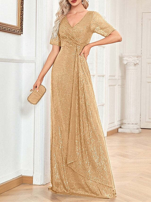 V-Neck A-Line Princess Short-Sleeve Floor-Length Sequin Cocktail Party Dress