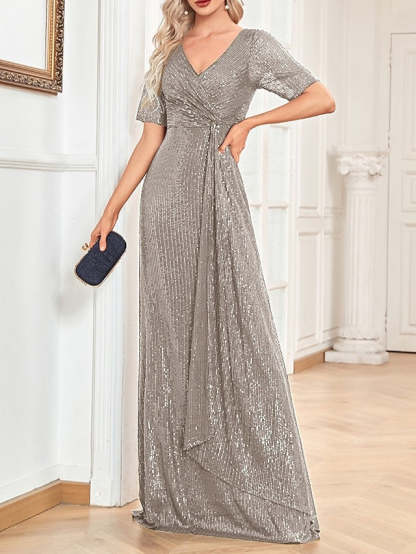 V-Neck A-Line Princess Short-Sleeve Floor-Length Sequin Cocktail Party Dress