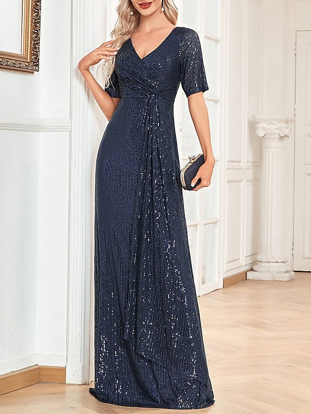V-Neck A-Line Princess Short-Sleeve Floor-Length Sequin Cocktail Party Dress