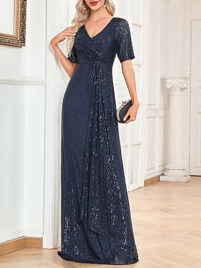 V-Neck A-Line Princess Short-Sleeve Floor-Length Sequin Cocktail Party Dress