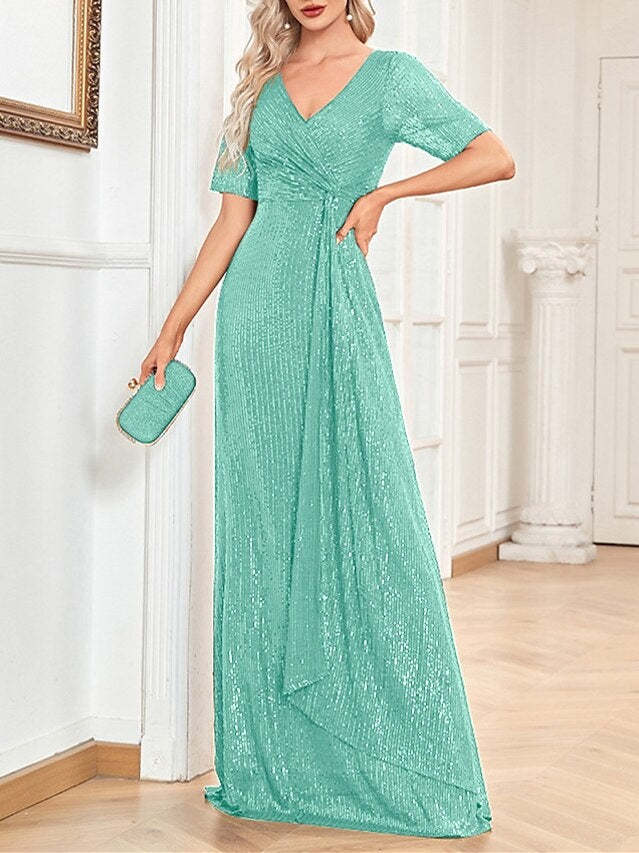 V-Neck A-Line Princess Short-Sleeve Floor-Length Sequin Cocktail Party Dress