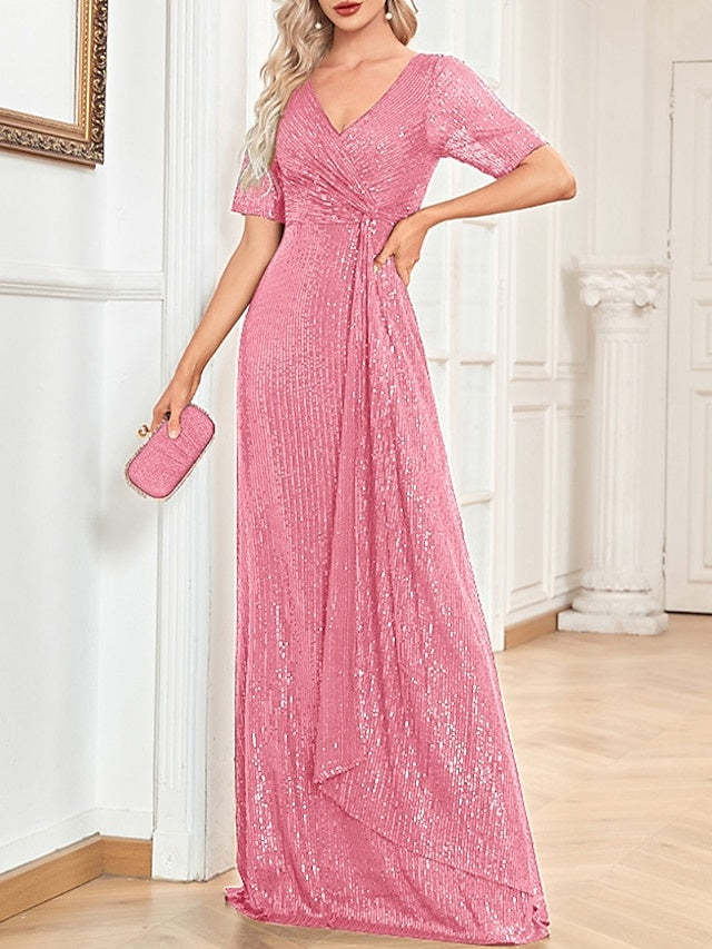 V-Neck A-Line Princess Short-Sleeve Floor-Length Sequin Cocktail Party Dress