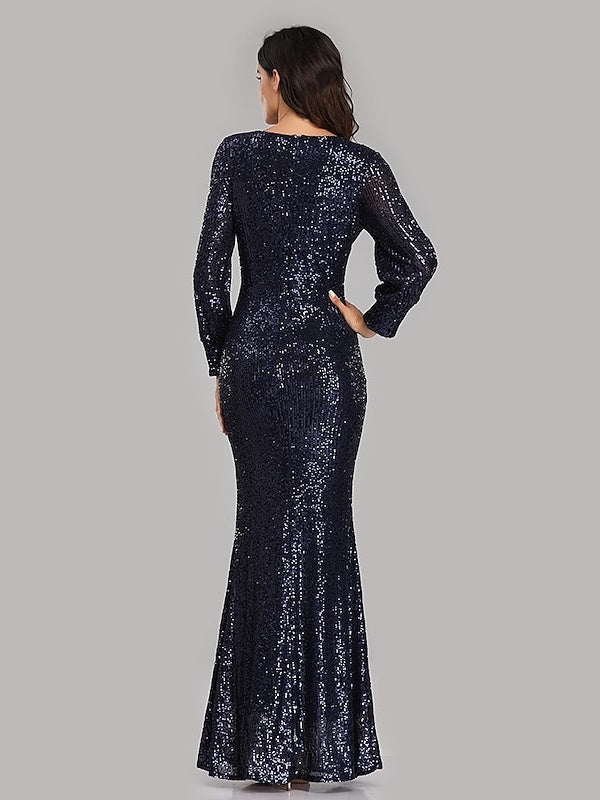 Floor-Length V-Neck Mermaid Dress with Long Sleeves and Sequins for Parties