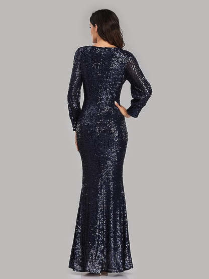 Floor-Length V-Neck Mermaid Dress with Long Sleeves and Sequins for Parties