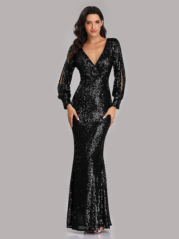Floor-Length V-Neck Mermaid Dress with Long Sleeves and Sequins for Parties