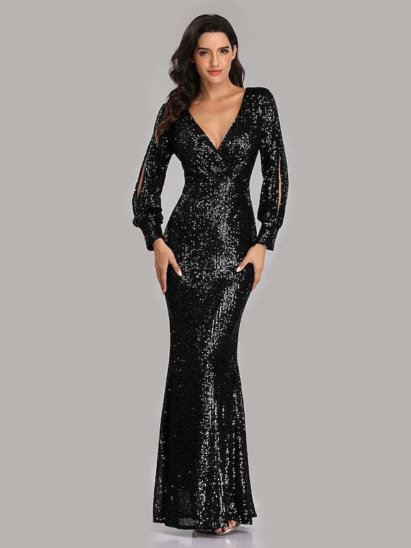 Floor-Length V-Neck Mermaid Dress with Long Sleeves and Sequins for Parties