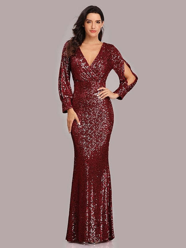 Floor-Length V-Neck Mermaid Dress with Long Sleeves and Sequins for Parties