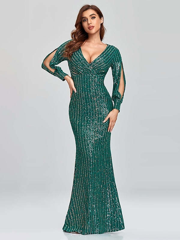 Floor-Length V-Neck Mermaid Dress with Long Sleeves and Sequins for Parties