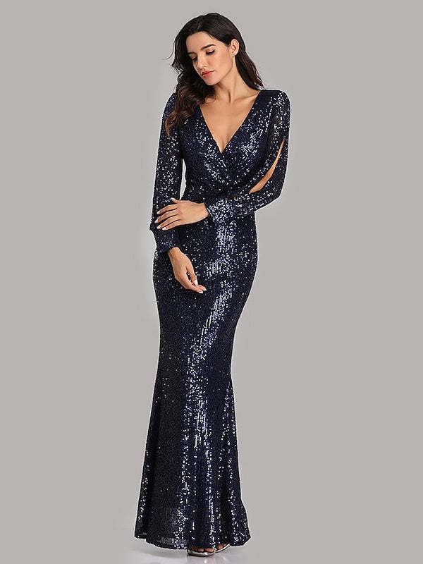 Floor-Length V-Neck Mermaid Dress with Long Sleeves and Sequins for Parties