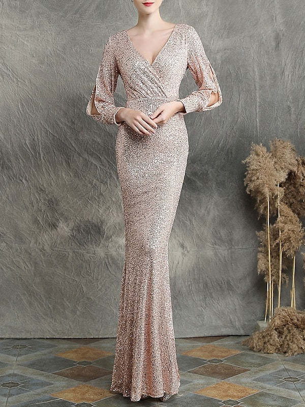 Floor-Length V-Neck Mermaid Dress with Long Sleeves and Sequins for Parties