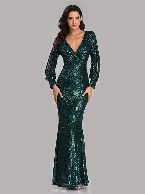 Floor-Length V-Neck Mermaid Dress with Long Sleeves and Sequins for Parties
