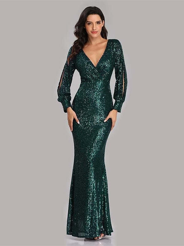 Floor-Length V-Neck Mermaid Dress with Long Sleeves and Sequins for Parties