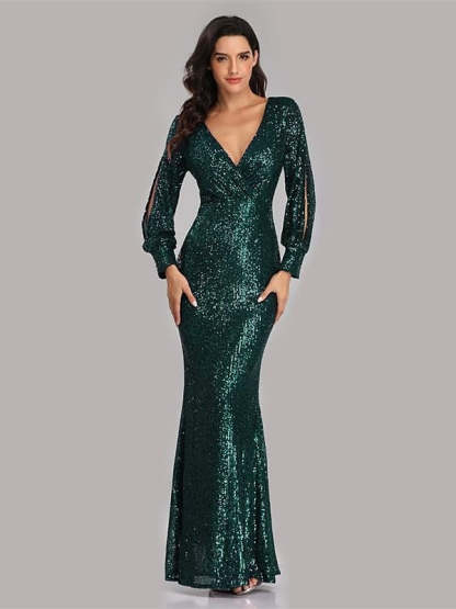 Floor-Length V-Neck Mermaid Dress with Long Sleeves and Sequins for Parties