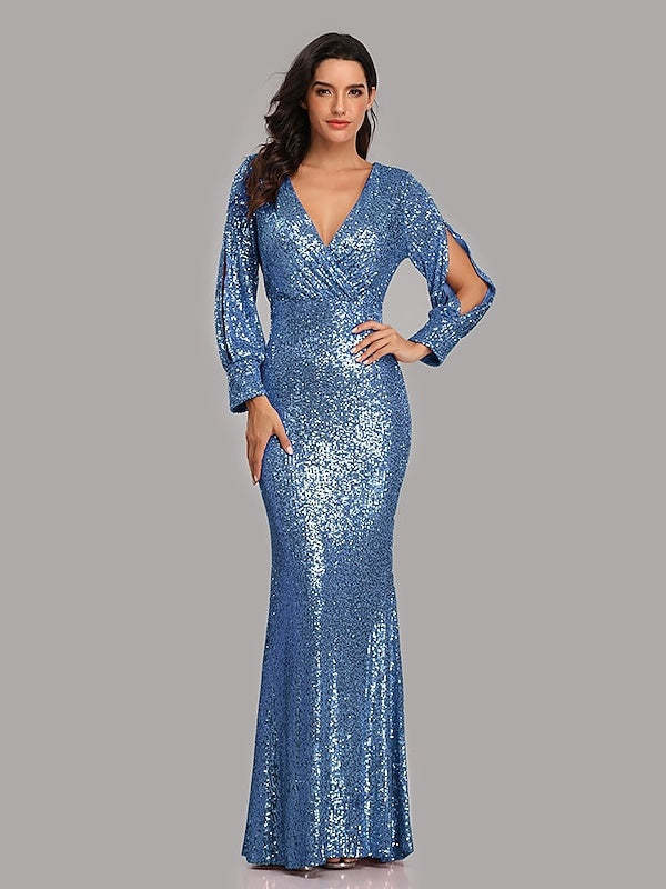 Floor-Length V-Neck Mermaid Dress with Long Sleeves and Sequins for Parties
