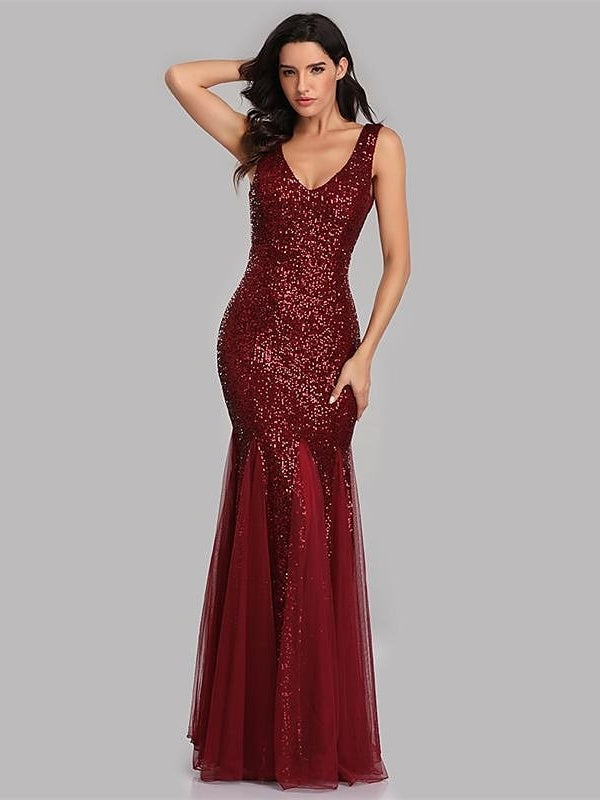 Sequined Floor-Length V-Neck Sleeveless Mermaid Cocktail Dress