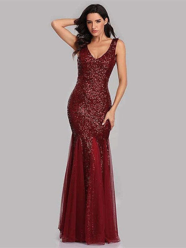 Sequined Floor-Length V-Neck Sleeveless Mermaid Cocktail Dress