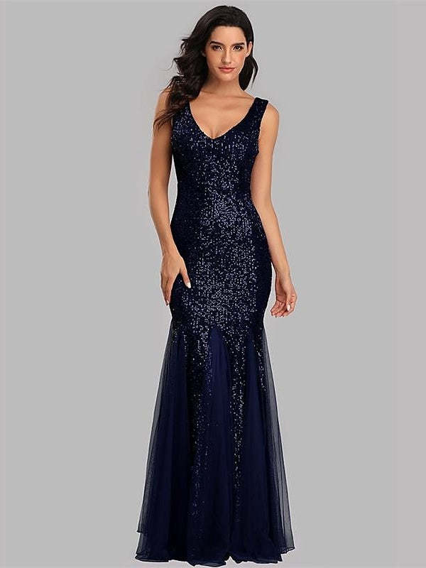 Sequined Floor-Length V-Neck Sleeveless Mermaid Cocktail Dress