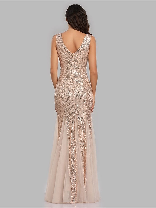 Sequined Floor-Length V-Neck Sleeveless Mermaid Cocktail Dress