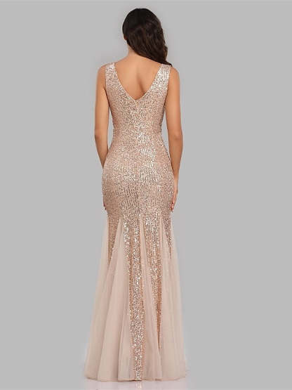 Sequined Floor-Length V-Neck Sleeveless Mermaid Cocktail Dress