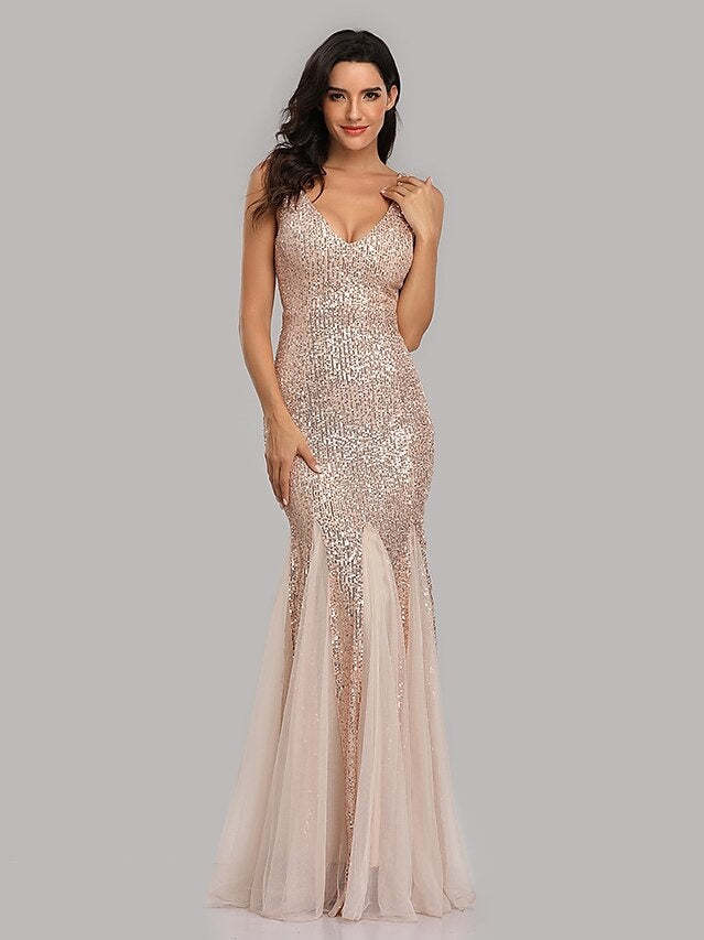 Sequined Floor-Length V-Neck Sleeveless Mermaid Cocktail Dress