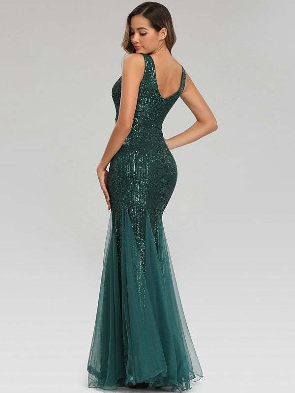 Sequined Floor-Length V-Neck Sleeveless Mermaid Cocktail Dress