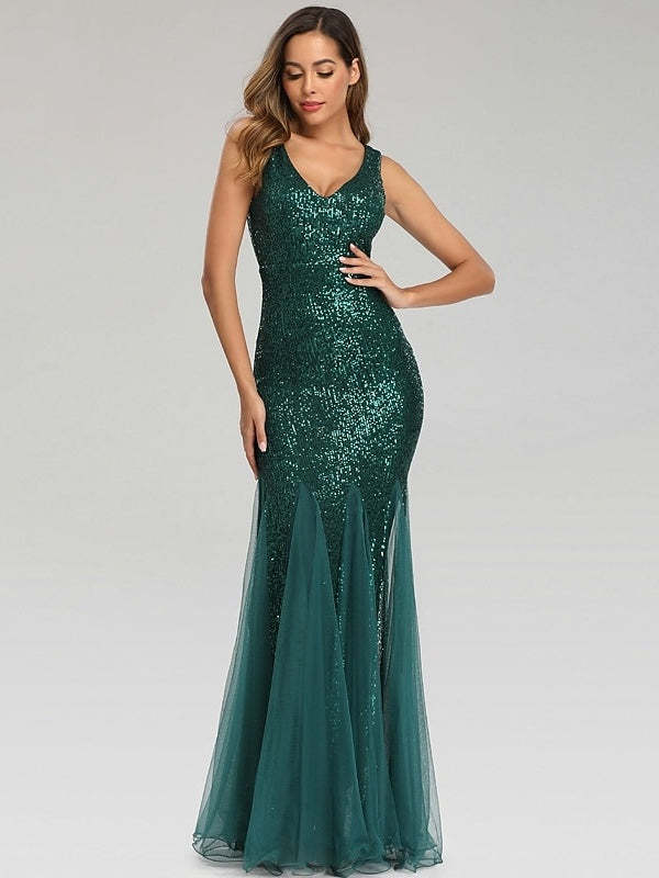 Sequined Floor-Length V-Neck Sleeveless Mermaid Cocktail Dress
