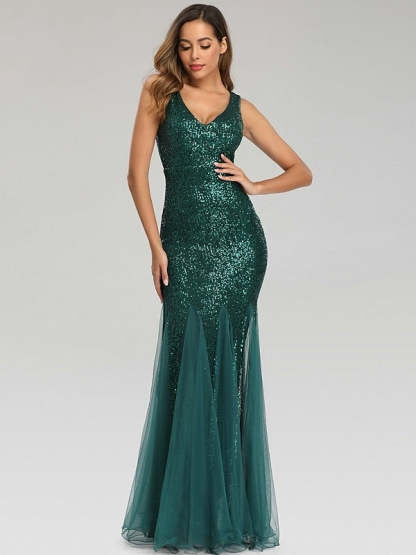 Sequined Floor-Length V-Neck Sleeveless Mermaid Cocktail Dress