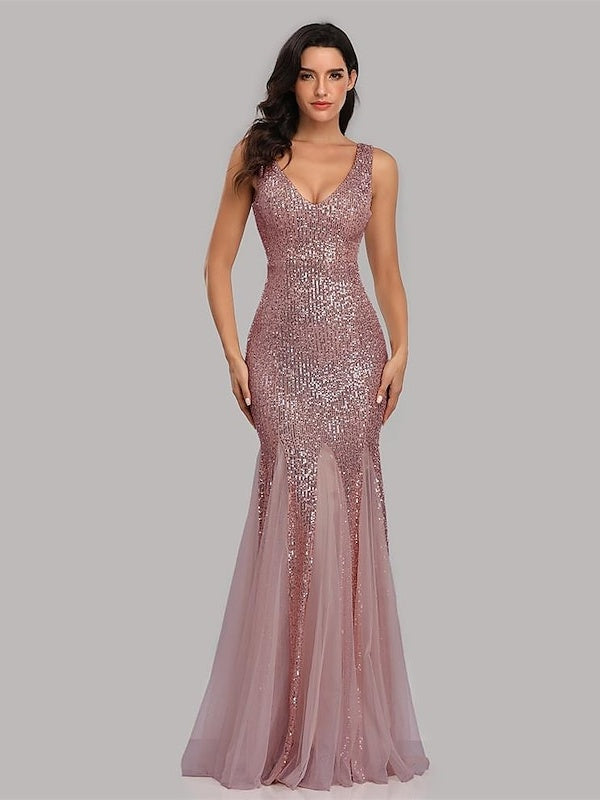 Sequined Floor-Length V-Neck Sleeveless Mermaid Cocktail Dress